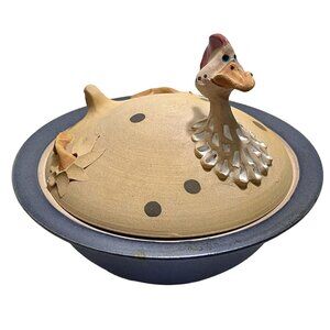 Vintage 1990s Signed Diane Marier Nesting Hen Studio Art Pottery Lidded Bowl